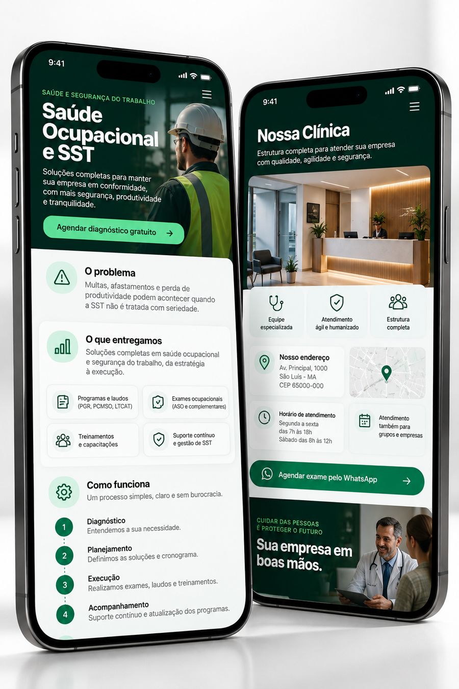 Páginas de solução e da clínica no celular